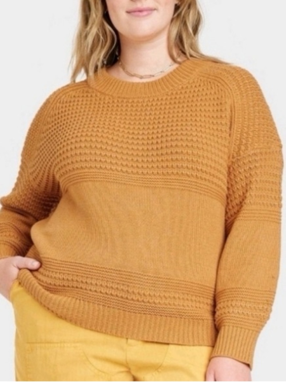 Cozy Textured Knit Cropped Cotton Blend Sweater in Mustard